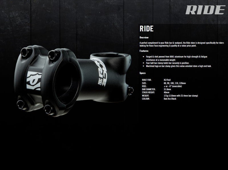 RaceFace Ride Mountain Bike Stem (Black, 31.8-mm Clamp, 6-Degreex90-mm, 1-1/8-Inch) - Image 2